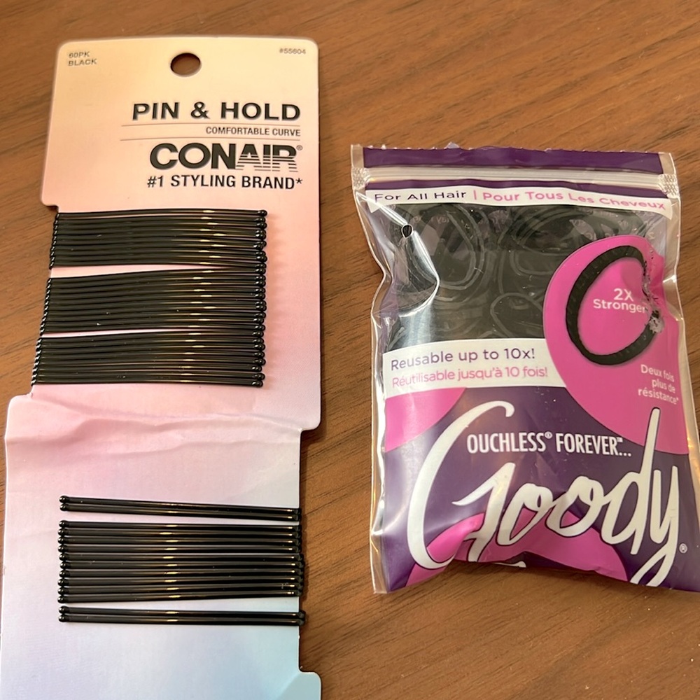 42 bobby pins & 100 ouchless black hair ties